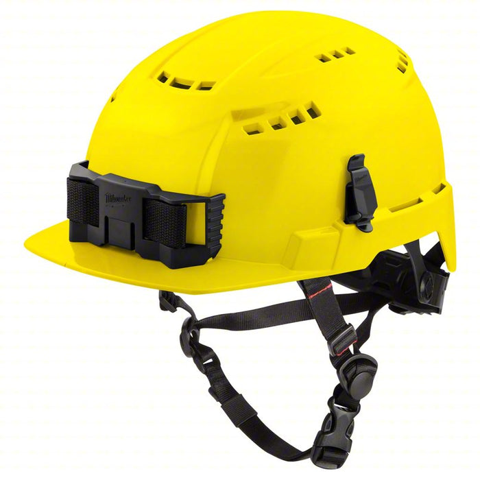 Safety Helmet: Yellow, No Graphics, Swing Ratchet, Plastic, Headlamp Mount/Side-Slots, Basic Colors