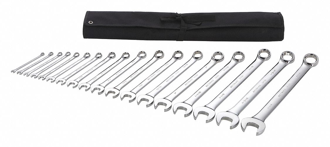 Combination Wrench Set: Alloy Steel, Chrome, 18 Tools, 15° Head Offset Angle, Offset, Pouch