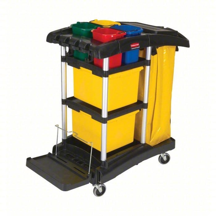 Microfiber Janitor Cart: 34 gal Waste Container Capacity, 3 Shelves