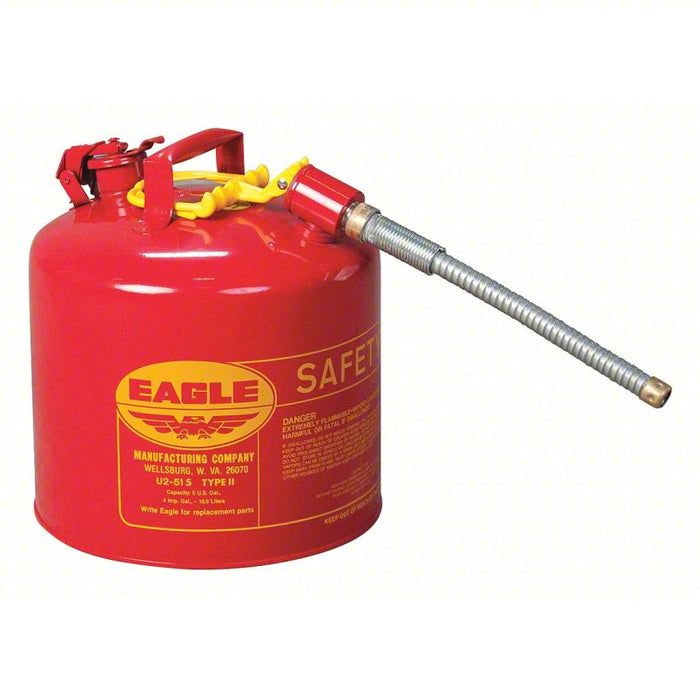 Type II Safety Can: For Use With Flammables, 5 gal Capacity, Includes 5/8 in OD Flex Hose, Red