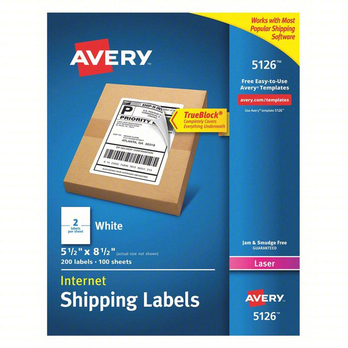 Laser Label: 5,126 Avery Template #, White, 5 1/2 in Label Ht, 8 1/2 in Label Wd, 100 PK