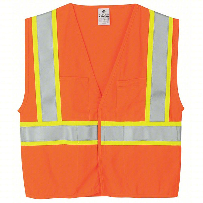High-Visibility Vest: ANSI Class 2, U, XL, Orange, Solid Modacrylic, Hook-and-Loop, Single