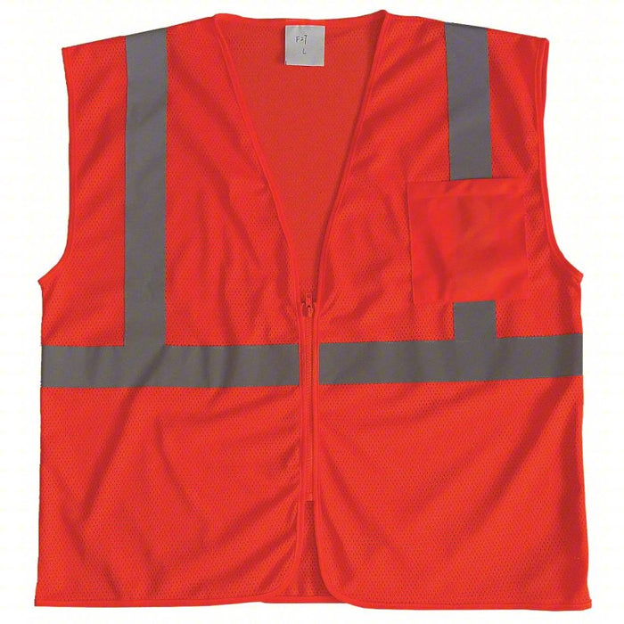 High-Visibility Vest: ANSI Class 2, U, XL, Orange, Mesh Polyester, Zipper, Single