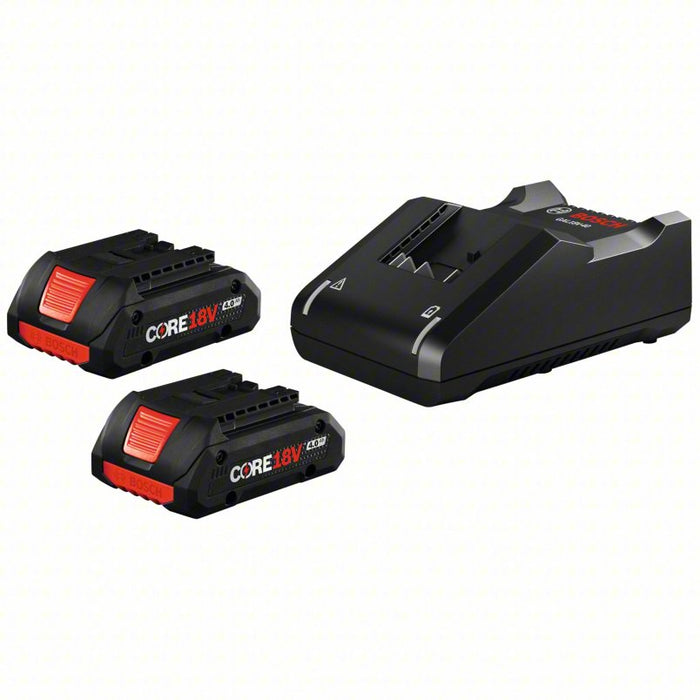 Battery and Charger Kit: Bosch, 18V, Li-Ion, Charger Included, 2 Batteries Included, 4 Ah, CORE18V