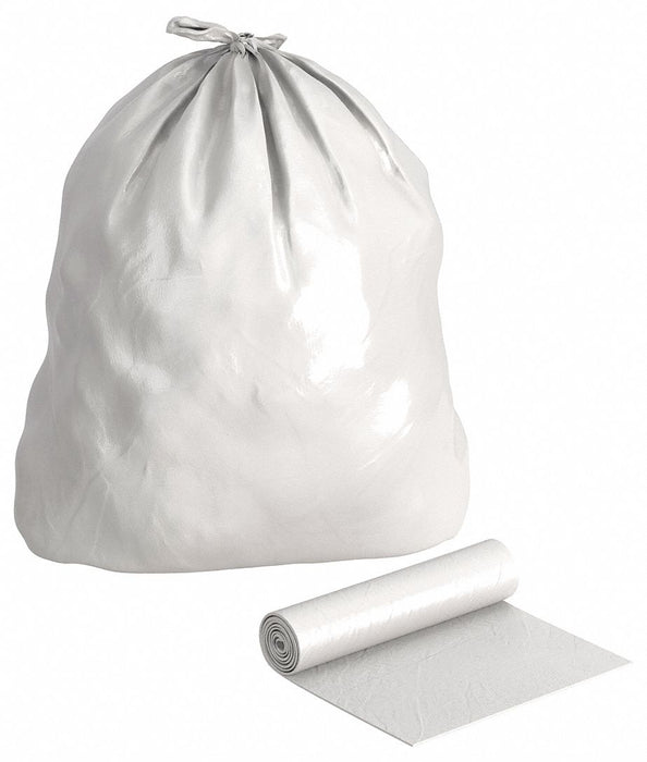 Trash Bags: 45 gal Capacity, 40 in Wd, 46 in Ht, 1 mil Thick, White, Coreless Roll, 100 PK