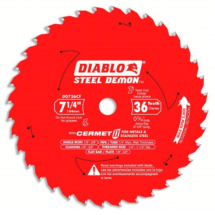 Cermet Tipped Saw Blade: 7 1/4 in Blade Dia., 36 Teeth, 0.075 in Cut Wd, 5/8 in Arbor Size