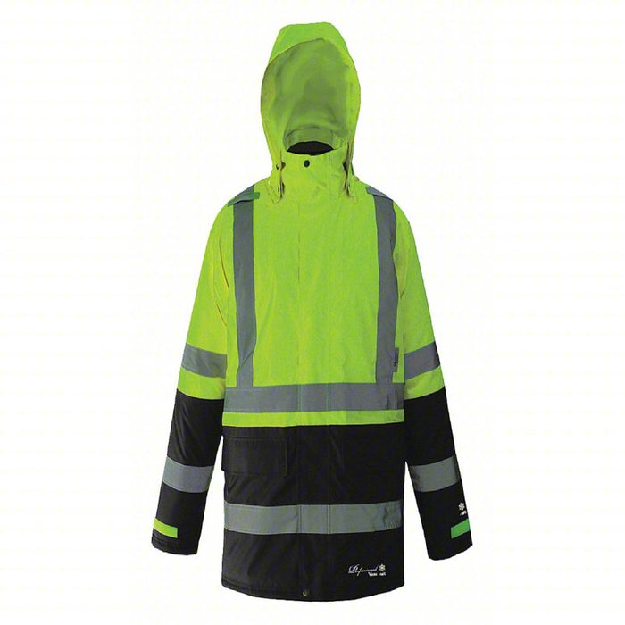 Hi-Viz Insulated Safety Jacket: 3XL, Black/Yellow, Double Storm Flap/Hook-and-Loop/Zipper