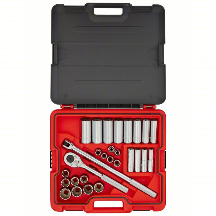 Socket Set: 1/2 in Drive Size, 30 Pieces, 1/2 in to 1 1/4 in Socket Size Range, (14) 12-Point