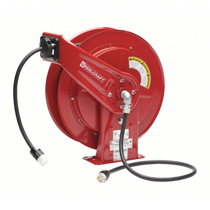 Extension Cord Reel: Grounding Plug, NEMA 5-20P, Single Connector, NEMA 5-20R, Red, Black