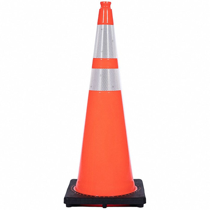 Traffic Cone: Night or High Speed Roadway (45 MPH or Higher), Reflective, 36 in Cone Ht, Orange, PVC