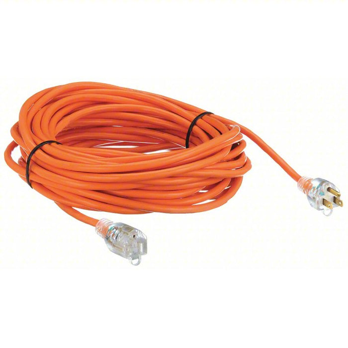 Lighted Extension Cord: 50 ft Cord Lg, 16 AWG Wire Size, 16/3, SJTW, NEMA 5-15P, Orange