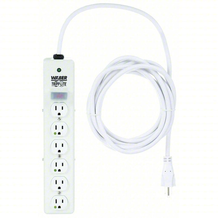 Surge Protector Outlet Strip: 6 Outlets, Hospital Grade NEMA 5-15R, 15 ft Cord Lg, White