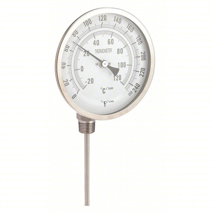 Dial Thermometer: Bottom, 0° to 250°F/-20° to 120°C, 1/2 in NPT, 6 in Stem Lg, 5 in Dial Dia, 3 yr