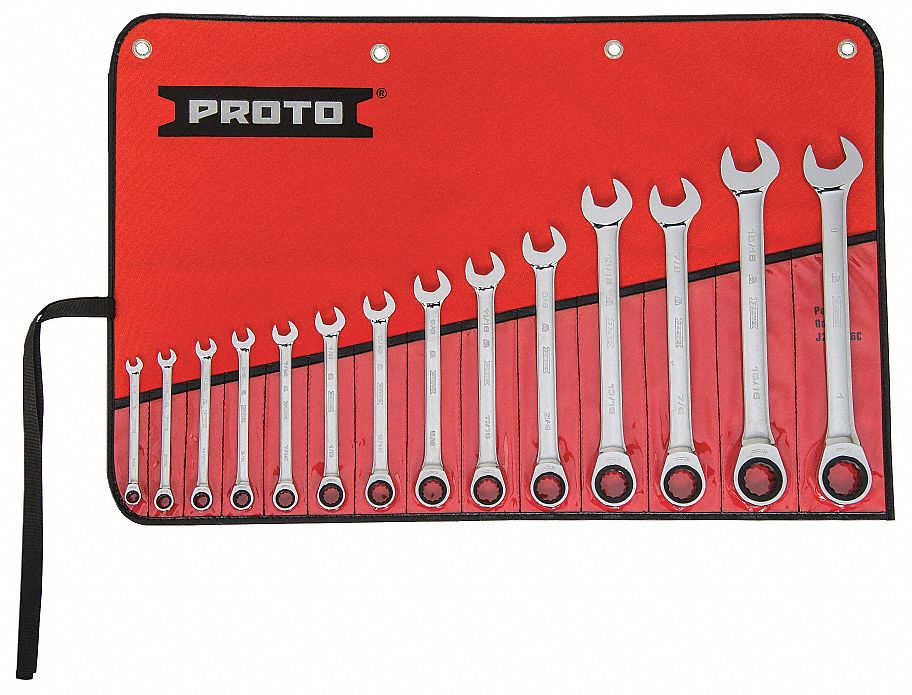 Combination Wrench Set: Alloy Steel, Chrome, 14 Tools, 1/4 in to 1 in Range of Head Sizes, Std