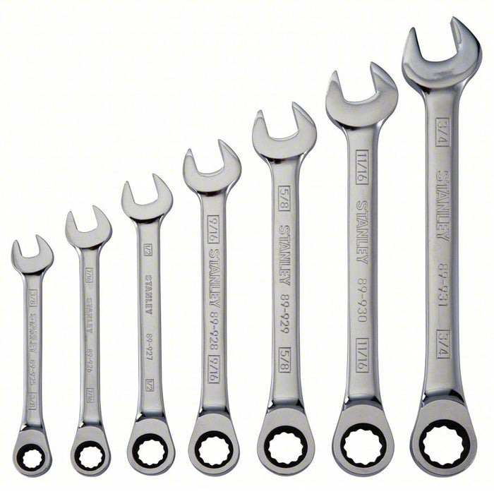 Combination Wrench Set: Alloy Steel, Chrome, 7 Tools, 3/8 in to 3/4 in Range of Head Sizes