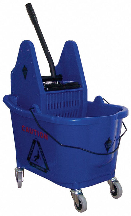 Mop Bucket and Wringer: Down Press, 8 3/4 gal Capacity, Plastic, Blue, Down Press