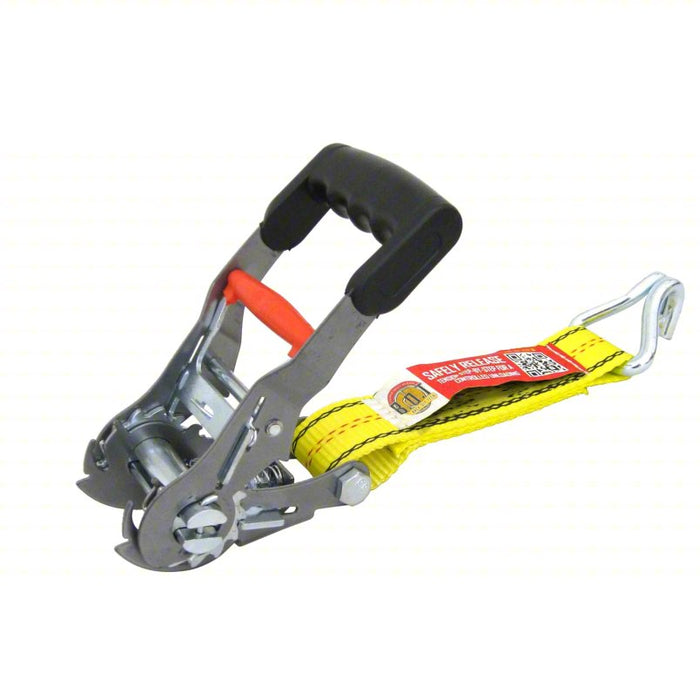 Tie Down Strap: Ratchet, Wire-Hook, Gen Purpose, 2 in Wd, 3,333 lb WLL, Yellow, 27 ft Lg