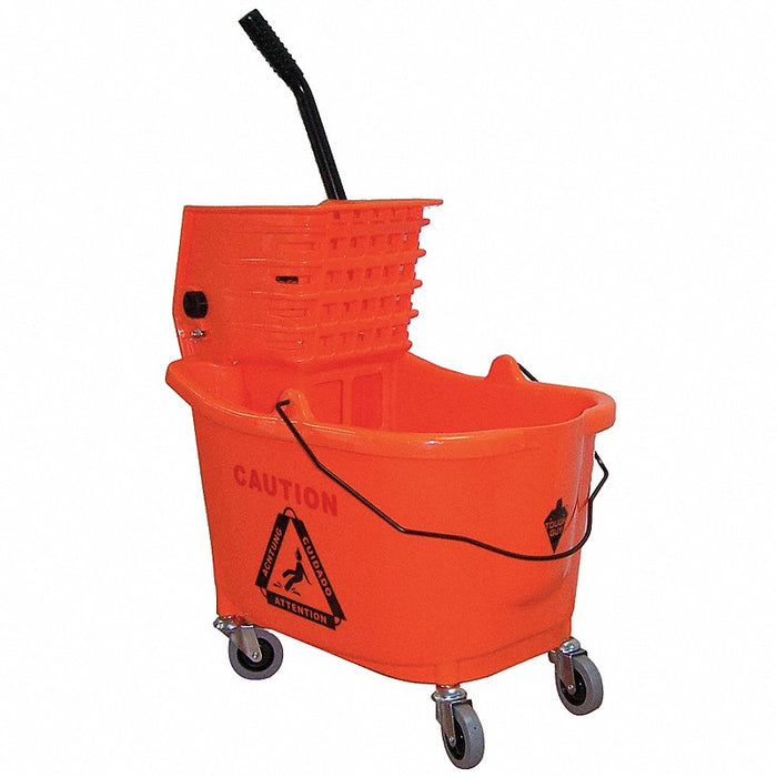 Mop Bucket and Wringer: Side Press, 8 3/4 gal Capacity, Plastic, Orange, Side Press
