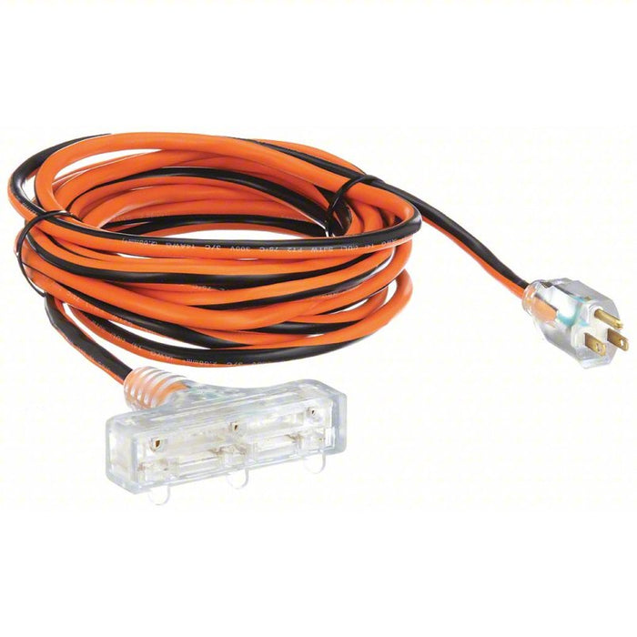 Lighted Extension Cord: 25 ft Cord Lg, 14 AWG Wire Size, 14/3, SJTW, NEMA 5-15P, T-Shape
