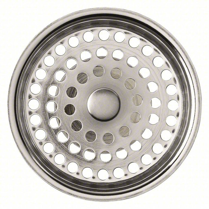 Strainer: 4 1/2 in Overall Dia, Stainless Steel, Satin, Silver, Drop-In