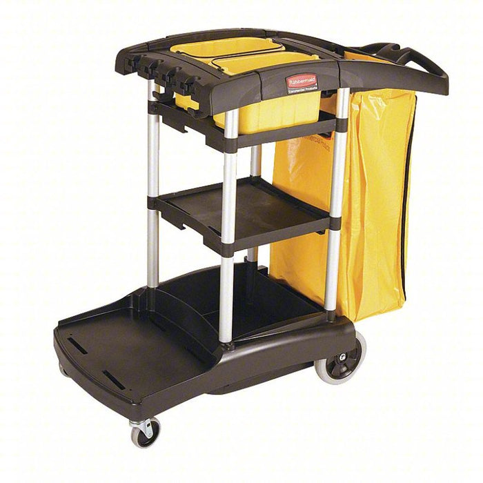 Janitor Cart: 34 gal Waste Container Capacity, 3 Shelves, 44 in Ht