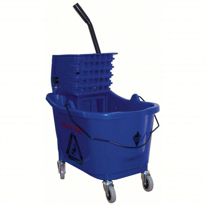 Mop Bucket and Wringer: Side Press, 8 3/4 gal Capacity, Plastic, Blue, Side Press