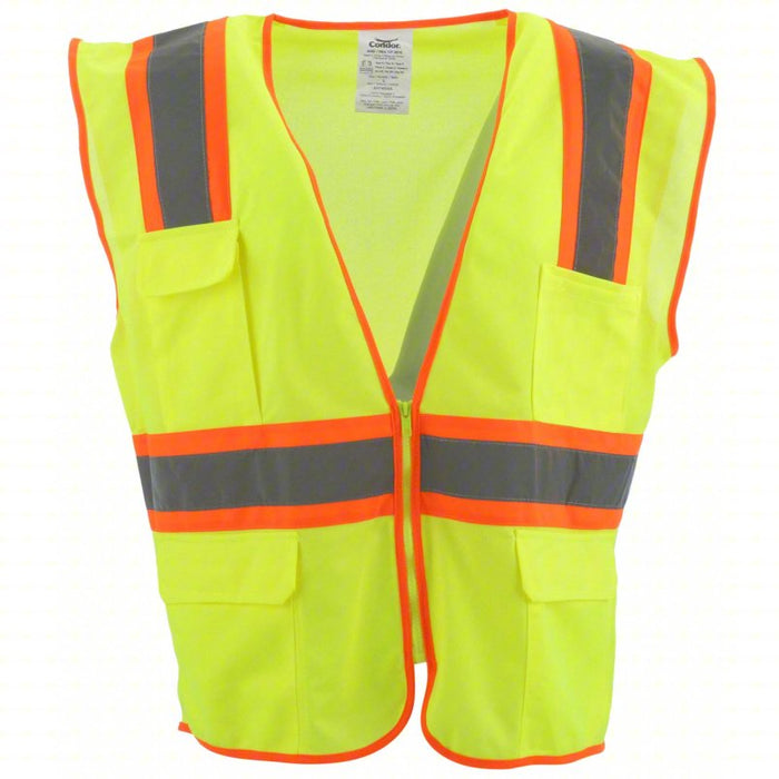 High-Visibility Vest: ANSI Class 2, U, 2XL, Lime, Solid Polyester, Zipper, Contrasting