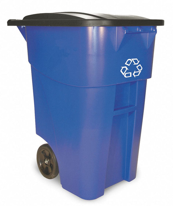 Recycling Rollout Trash Can: 50 gal Capacity, 23 1/4 in Wd/Dia, Blue
