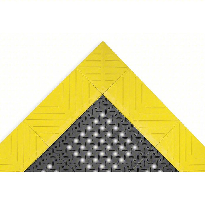 Interlocking Drainage Mat: 3 ft x 3 ft, 1 in Thick, Diamond Plate, Black with Yellow Border, Vinyl