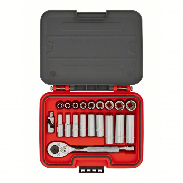 Socket Set: 3/8 in Drive Size, 21 Pieces, 5/16 in to 3/4 in Socket Size Range, (9) 12-Point