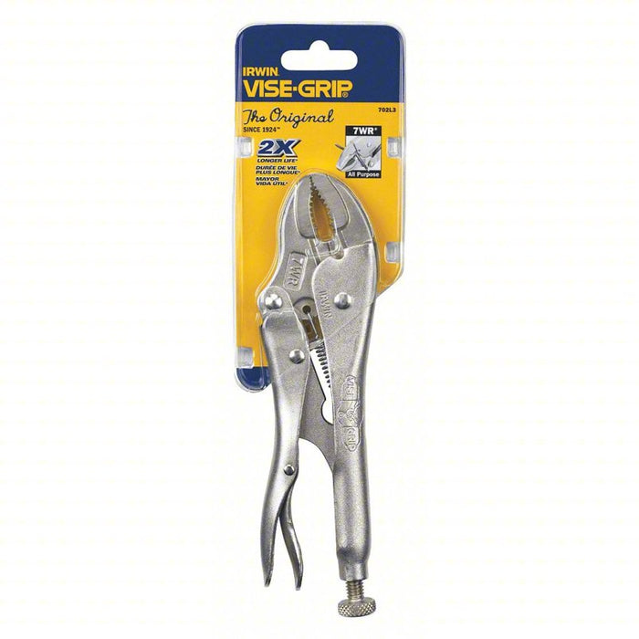Locking Plier: Curved, Lever, 1 1/2 in Max Jaw Opening, 7 in Overall Lg, 1 1/4 in Jaw Lg, Plain Grip