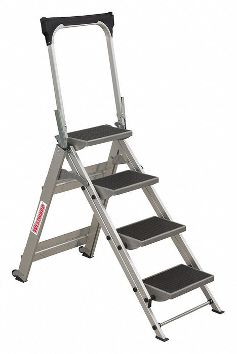 Folding Step: 4 Steps, 35 in Top Step Ht, 22 1/2 in Bottom Wd, 300 lb Load Capacity, Silver