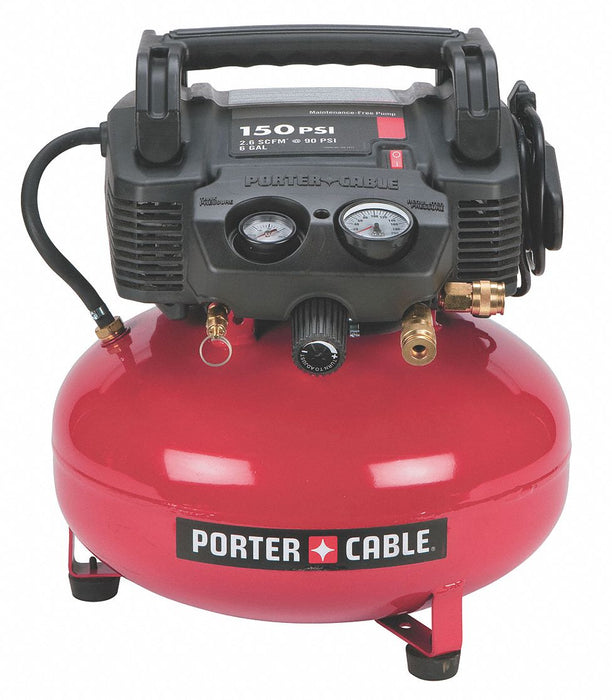Portable Air Compressor: Oil Free, 6 gal, Pancake, 0.8 hp, 2.6 cfm @ 90 psi, 120V AC