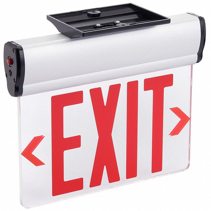 Exit Sign: 2 Faces, Red, Aluminum, Universal Field Selectable Chevrons, LED, White, Nickel Cadmium
