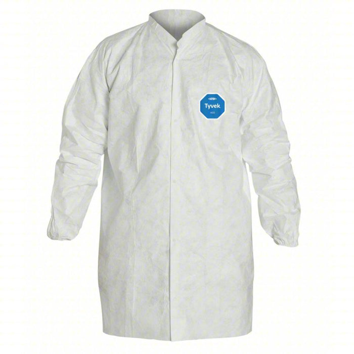 Disposable Lab Coat: Mandarin Collar, Elastic Cuff, Polyethylene, White, XL, Snaps, 30 PK