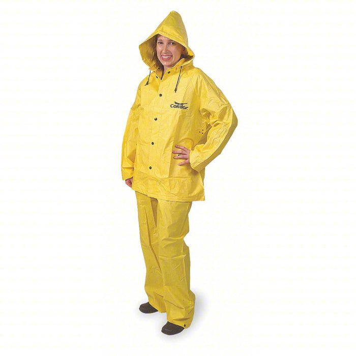 3-Piece Rainsuit with Detachable Hood: Yellow, L, Heavy Duty PVC, 13.8 mil Thick