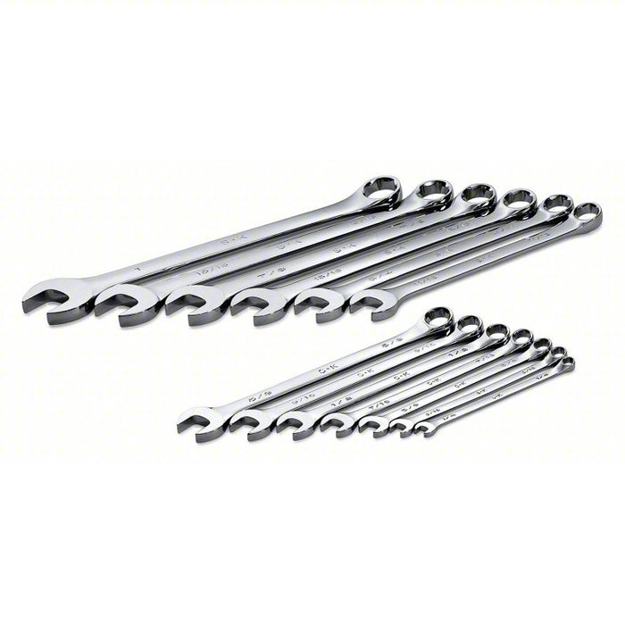 Combination Wrench Set: Alloy Steel, Chrome, 13 Tools, 15° Head Offset Angle