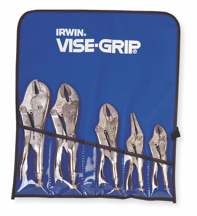 Locking Pliers Set: Curved, 1 1/8 in_1 1/2 in_1 7/8 in_2 in Max Jaw Opening, Plain Grip, 0° Jaw Bend