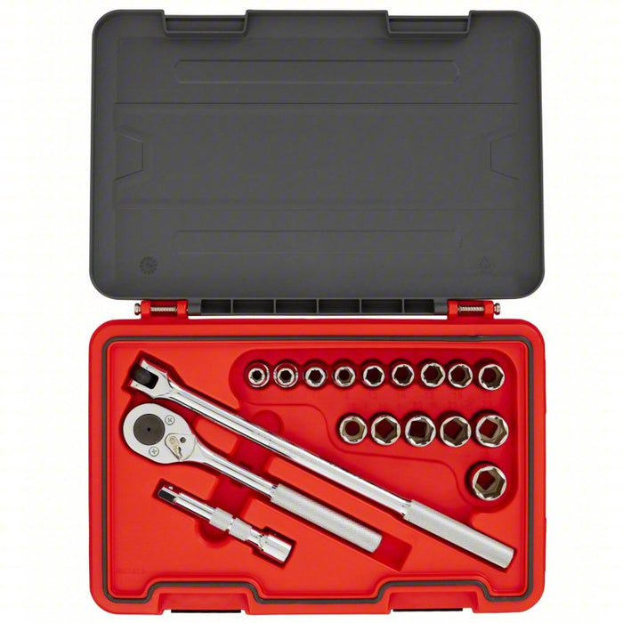 Socket Set: 1/2 in Drive Size, 18 Pieces, 9 mm to 23 mm Socket Size Range, (15) 6-Point, 0