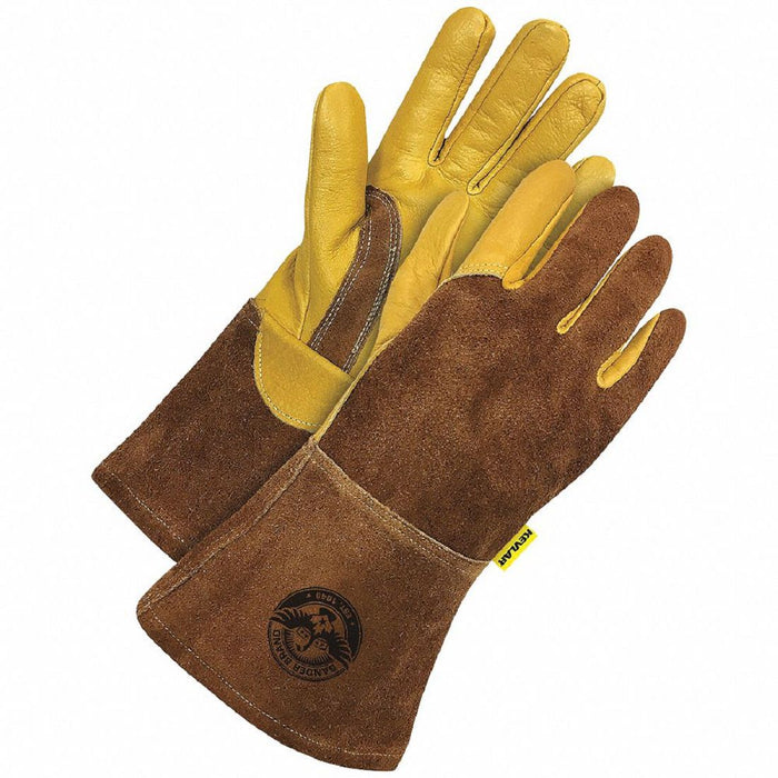 Welding Gloves: Wing Thumb, Gauntlet Cuff, Premium, Brown Cowhide, L Glove Size, 1 PR