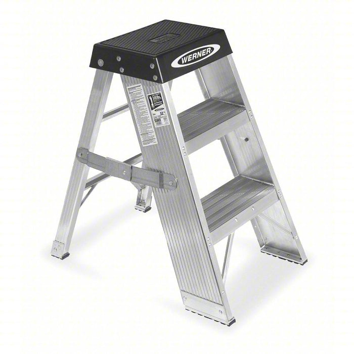 Step Stand: 3 Steps, 30 in Top Step Ht, 18 1/2 in Bottom Wd, 375 lb Load Capacity, Aluminum