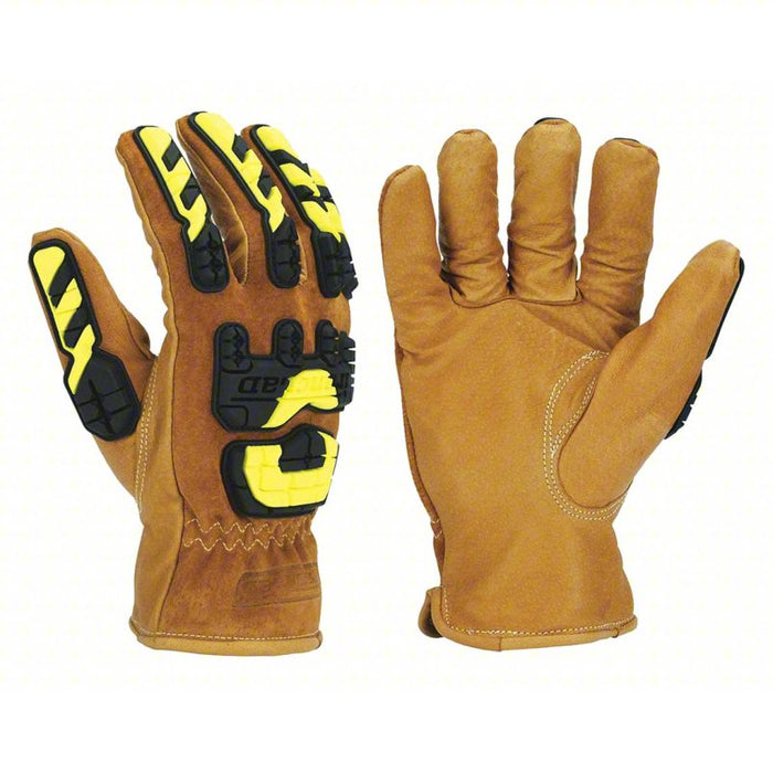 Leather Gloves: M ( 8 ), Pigskin, Drivers Glove, ANSI Cut Level A5, Full, HPPE, Brown, 1 PR