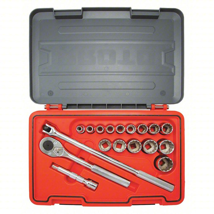 Socket Set: 1/2 in Drive Size, 18 Pieces, 1/2 in to 1 1/4 in Socket Size Range, (15) 12-Point