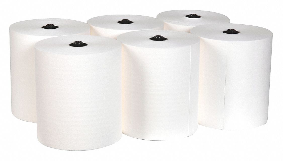 Paper Towel Roll: White, 8 in Roll Wd, 550 ft Roll Lg, Continuous Sheet Lg, 6 PK