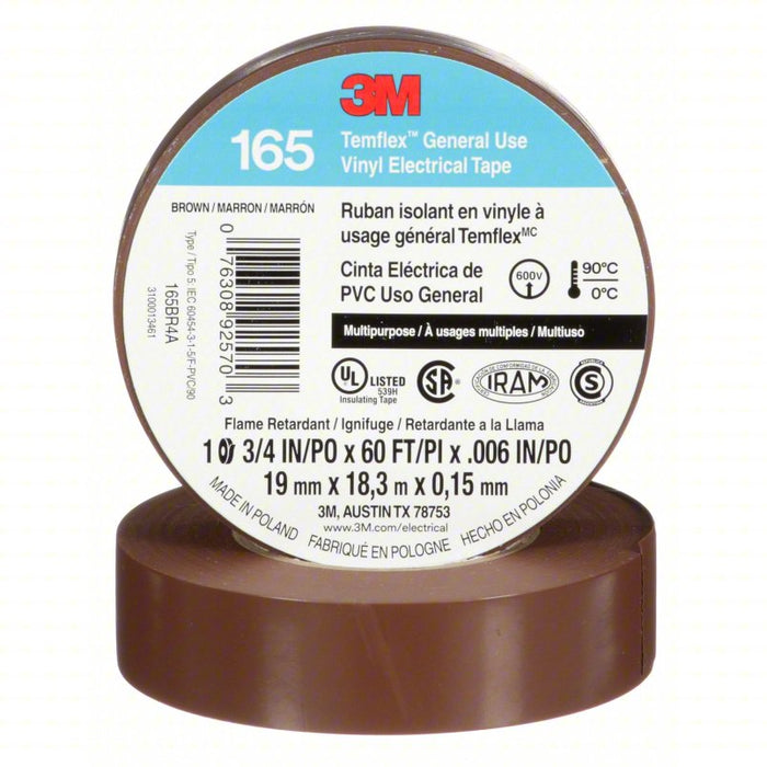 Insulating Electrical Tape: Gen Purpose, 3M™, Temflex™, 165, Vinyl, 3/4 in x 60 ft, 6 mil Tape Thick, 10pk