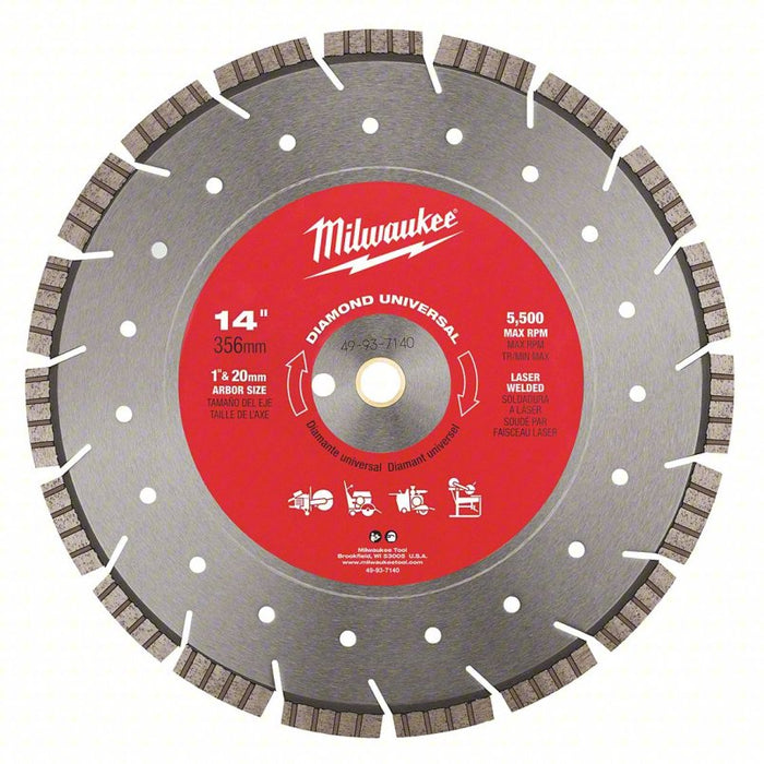 Diamond Segmented Blade: 14 in Blade Dia., 1 in Arbor Size, Wet/Dry, Good, Turbo/Segmented