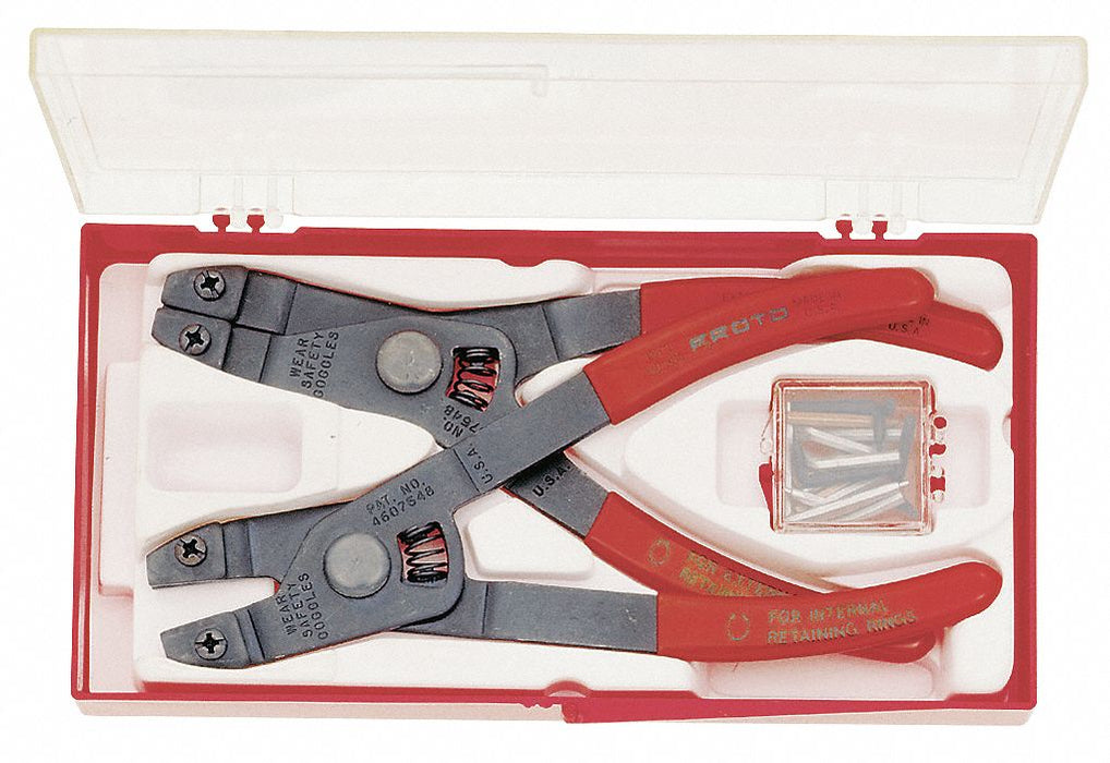 Retaining Ring Plier Set: External/Internal, For 3/8 in to 2 in Bore Dia, 6 1/4 in Overall Lg, Red
