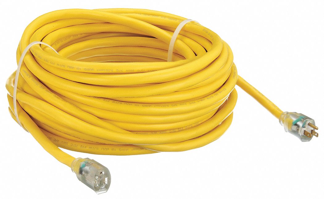 Lighted Extension Cord: 100 ft Cord Lg, 10 AWG Wire Size, 10/3, SJTW, NEMA 5-15P, Yellow