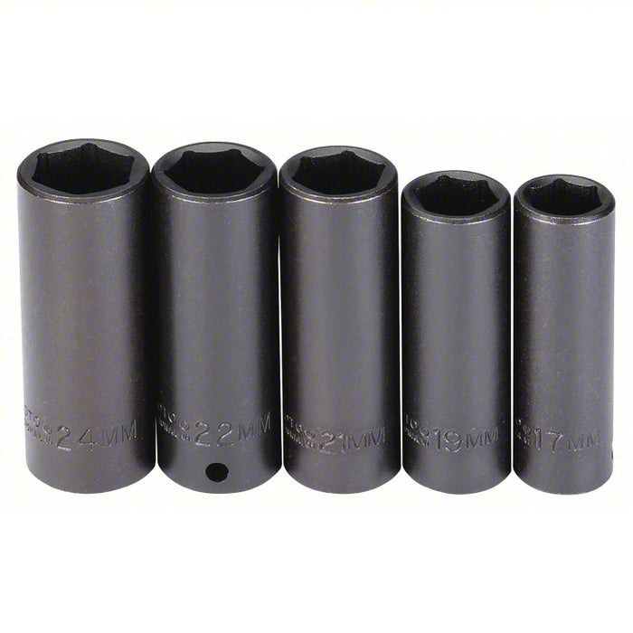 Impact Socket Set: 1/2 in Drive Size, 5 Pieces, 17 to 24 mm Socket Size Range, (5) 6-Point