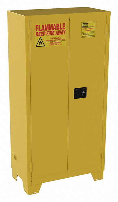Flammables Safety Cabinet: Std with Legs, 44 gal, 0 Drum Capacity, 34 in x 18 in x 70 in, Yellow